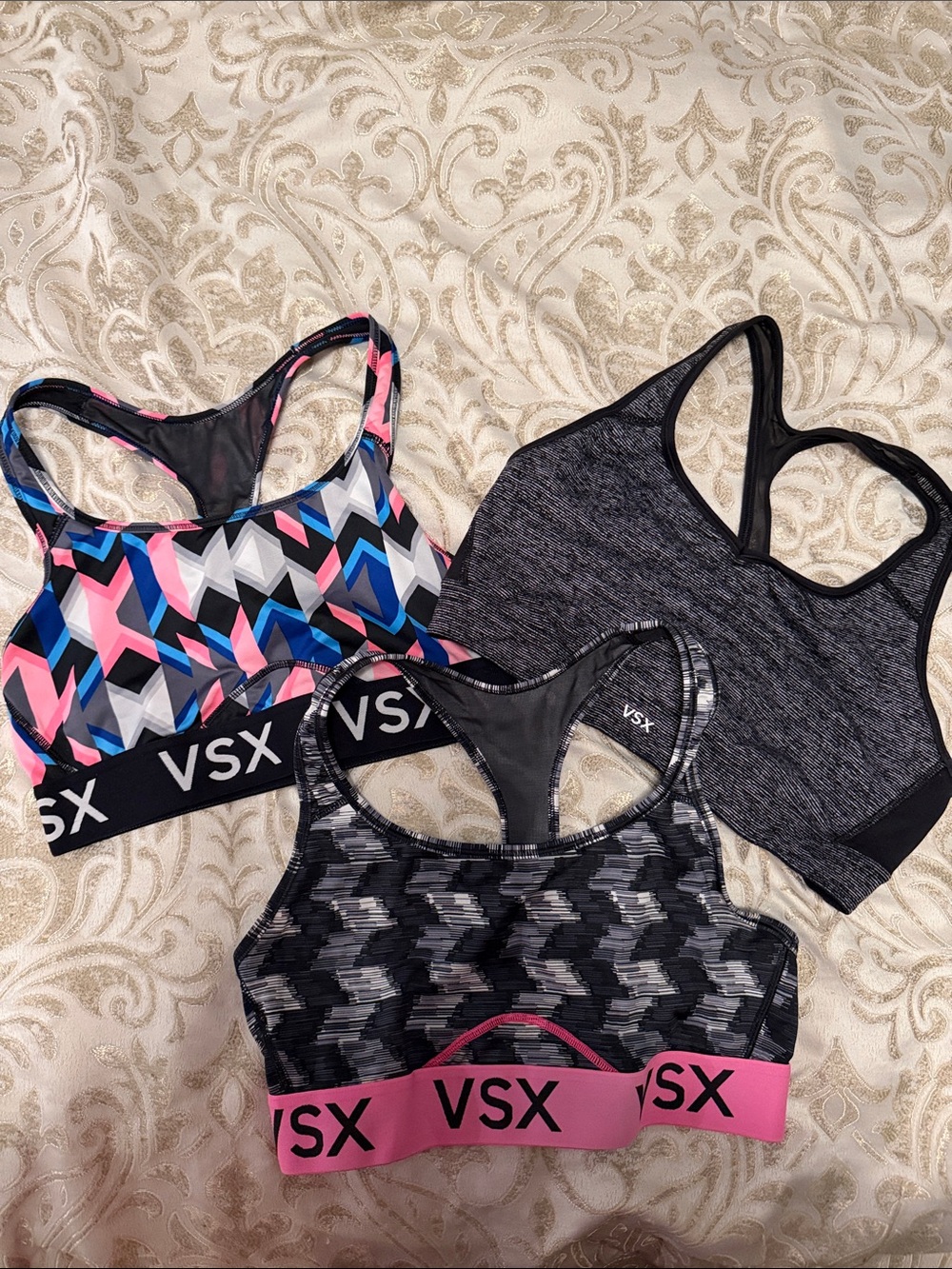 VSX Trio Racerback Sports Bras in Heather Gray, Pink & Geometric Multi